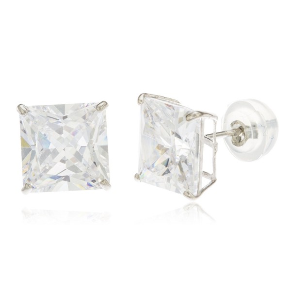 14k White Gold Square Basket Setting Cz Stud Earrings with Silicone Back - All Sizes Available - CB11PIWF359