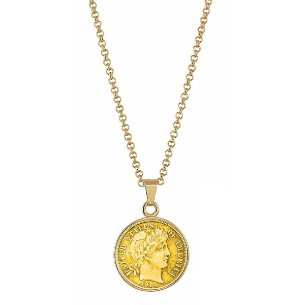 American Coin Treasures Gold-Layered Silver Barber Dime Goldtone Coin Pendant Necklace with 18" Chain - CG11RZQ1QHP