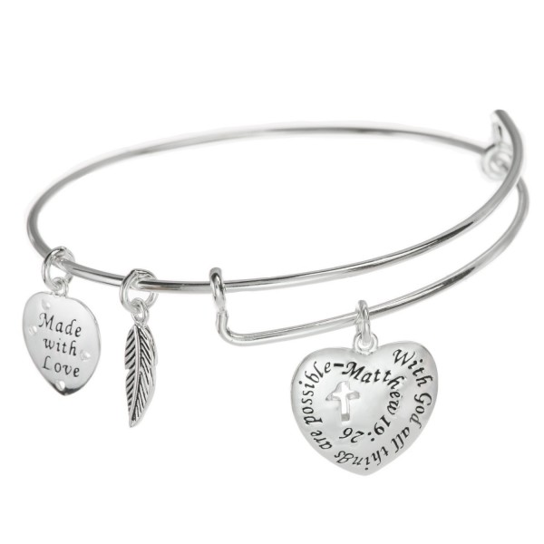 Sterling Silver Christian Cross With God All Things Are Possible Heart Leaf Charm Ajustable Wire Bangle Bracelet - CH12G2TD5AP