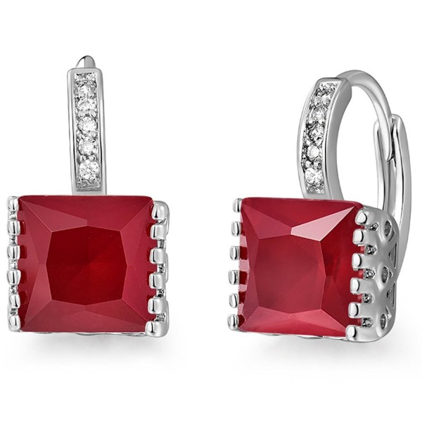 GULICX Princess Cut Square Zircon Stone Leverback Red Huggie Earrings Hoops White Gold Electroplated - CF1218S1NS7