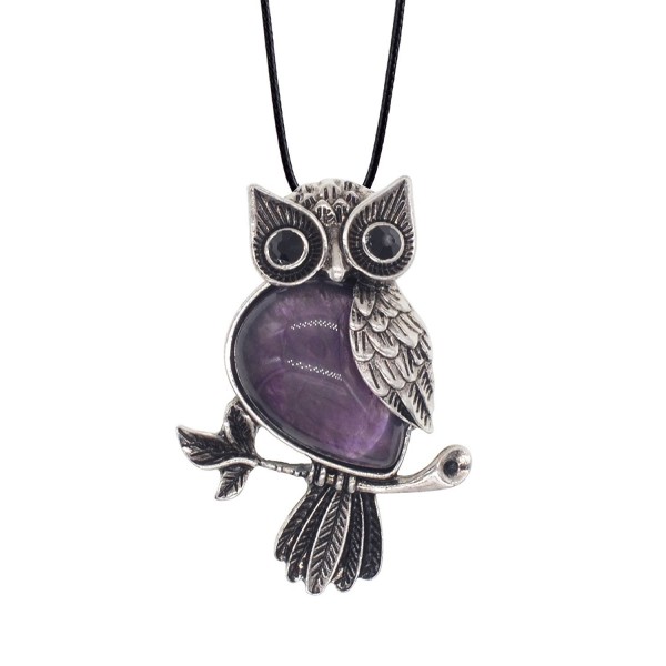 Zhepin Owl Necklace Natural Healing Stone Spiritual Energy for Women and Men Pendant Necklace - Amethyst - CQ1879GOG42