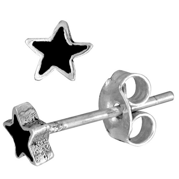 Tiny Sterling Silver Black Enamel Star Stud Earrings- 3/16 inch - C4115M7FQ2Z