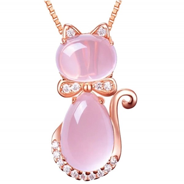 Cat Pendant Lotus Stone Rose Gold Plated Necklace - C8189XNUT6I