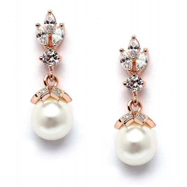 Mariell Rose Gold Wedding Earrings with Pearl Drops and Marquis CZ - CZ12MNL87O1