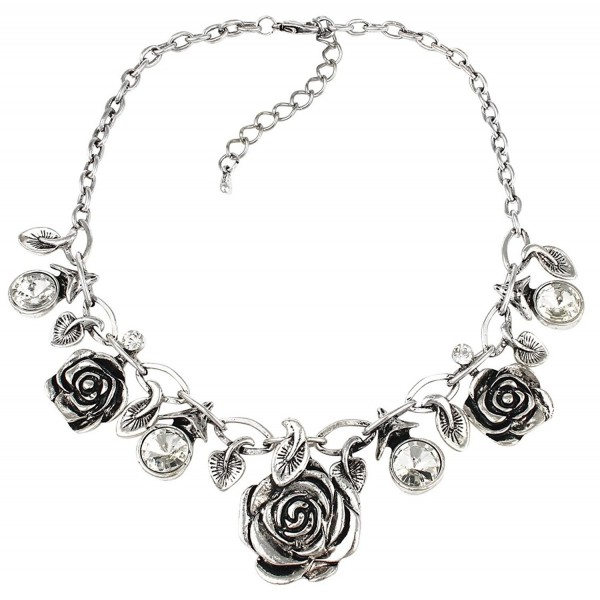 Rose and Leaf Statement Necklace - Silver Tone - C01285IQLAH