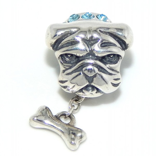 Pro Jewelry .925 Sterling Silver "Bulldog w/ Crystal Collar & Dangling Bone" Charm Bead 231 - C711P67AIOV