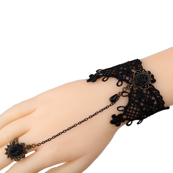 YAZILIND Black Lace Slave Bracelets with Ring Lolita Sexy Glass Bead Jewelry Chain for Women - CT126HX17RF