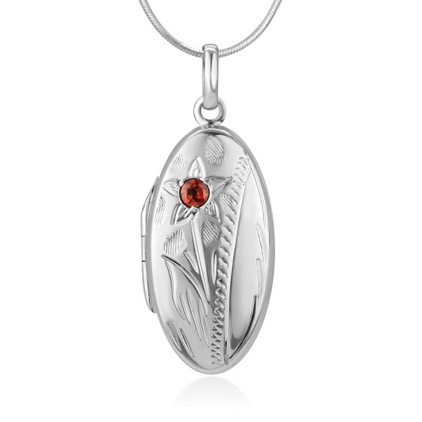 925 Sterling Silver Red Garnet Stone Flower Engraved Oval Shaped Locket Necklace 18 inches - CW12NTIHJLX