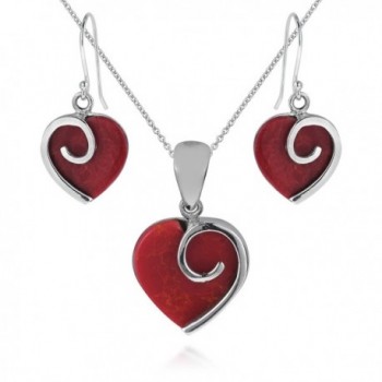 Heart in Love Reconstructed Red Coral .925 Sterling Silver Jewelry Set - CW11NW8MVH9
