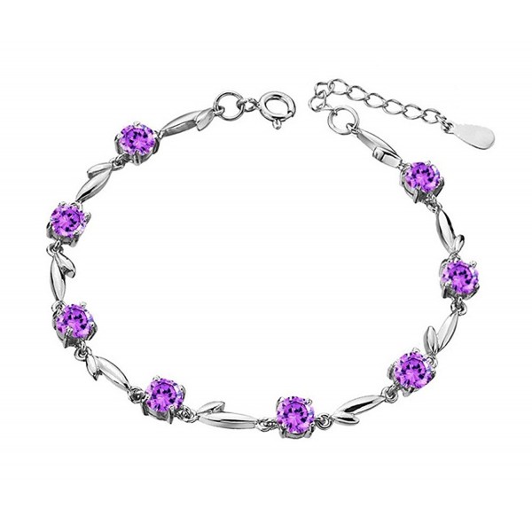 Sterling Silver Purple Leaf & Flower Link Chain Bracelet For Women- Girls - C71878EHYEU