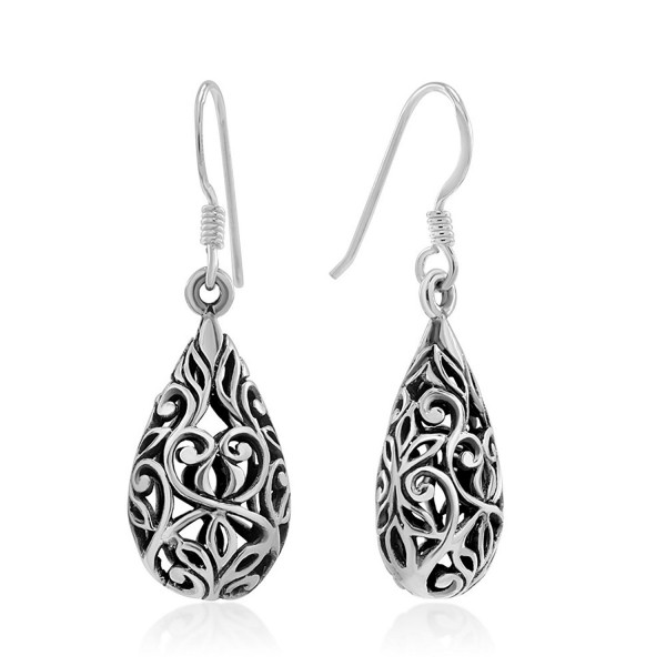 925 Sterling Silver Bali Inspired Open Filigree Puffed Teardrop 1 inch Dangle Hook Earrings - C111O1WV1BH