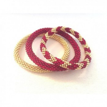 Galvanised Gold and Dark Ruby Red Handmade Crocheted Bracelets Set- Japanese -Nepal- Handmade - C0129QSNARH