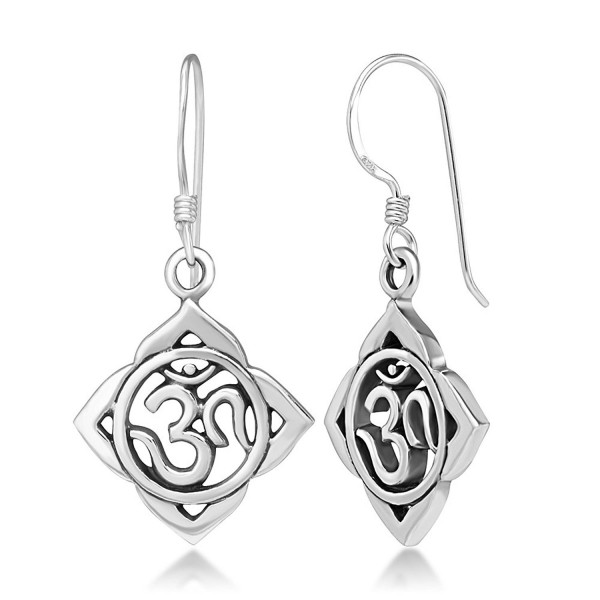 925 Sterling Silver Aum Om Ohm Lotus Leaf Symbol Chakra Yoga Dangle Hook Earrings- 33 mm - C211ASVKNIB
