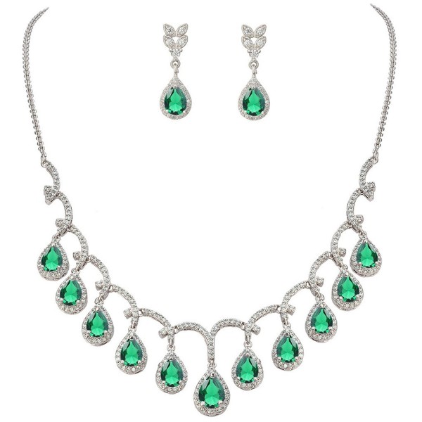 EVER FAITH CZ Birthstone Elegant Tear Drop Dangle Necklace Earrings Set Silver-Tone - Green - CN17YYW24CR