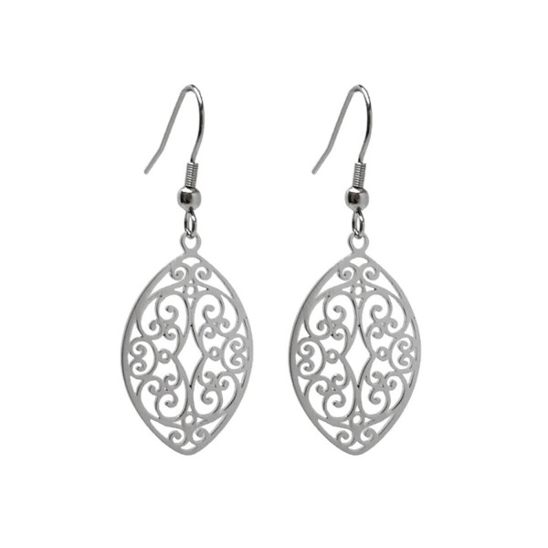 LD Silver Stainless Steel Filigree Oval Almond Dangle Earrings French Hook - CX17Z2H6NAH