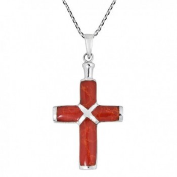 Christian Cross Reconstructed Red Coral Inlay .925 Sterling Silver Pendant Necklace - CV17Z2I809T