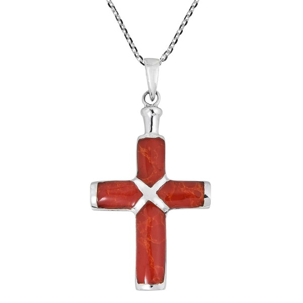 Christian Cross Reconstructed Red Coral Inlay .925 Sterling Silver Pendant Necklace - CV17Z2I809T