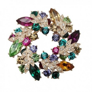 Vintage Flower Wreath Leaf Rhinestone Crystal Charms Gold Plated Brooch Pins for Women - Rainbow - C118808XAGH