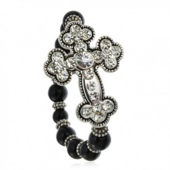 PammyJ Silvertone Clear Crystal Large Cross on Black Beaded Stretch Bracelet - CN12O7S928L