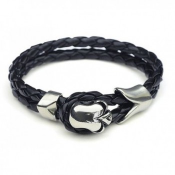 DATORA Mens Black Leather Bracelet with Chrome Skull Closure Accent Men Leather Bracelet Women Bracelet - CW12CSM6599