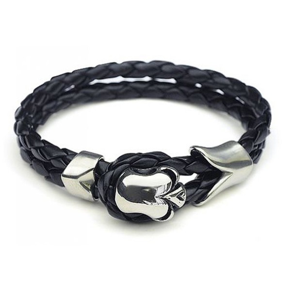 DATORA Mens Black Leather Bracelet with Chrome Skull Closure Accent Men Leather Bracelet Women Bracelet - CW12CSM6599