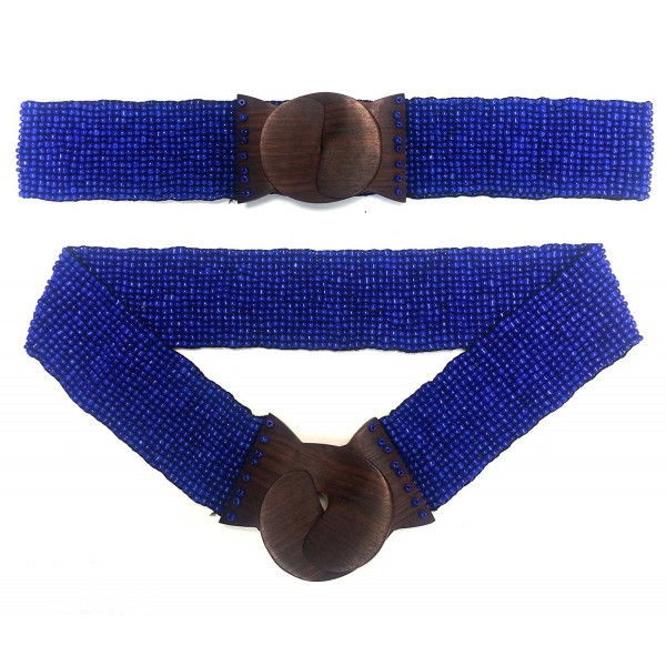 Shiny Dark Blue Hand-made Elastic Stretchy Beaded Bali Belt With Wooden Hook Buckle - 2 1/4" Wide - C011T160MIB