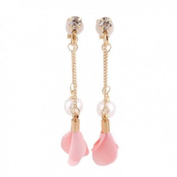 Grace Jun Gold Plated Handmade Frabic Flower Simulated Pearl Tassel Clip on Earrings No Pierced for Women - pink - CU183Z8G66W