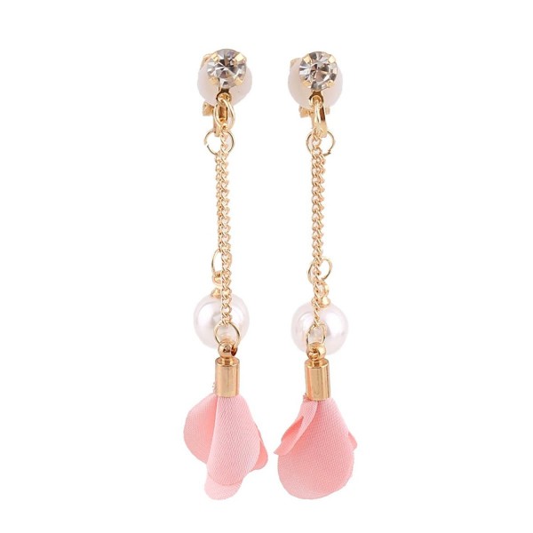 Grace Jun Gold Plated Handmade Frabic Flower Simulated Pearl Tassel Clip on Earrings No Pierced for Women - pink - CU183Z8G66W