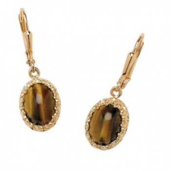 18K Yellow Gold-plated Earrings (12x10mm) Oval Shaped Genuine Brown Tiger's Eye - CP12NSB5I7U