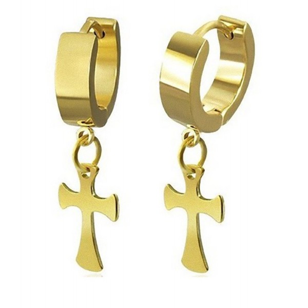 BSJ Stainless Steel Cross Drop Small Hoop Goldtone Huggie Earrings - C7116L1MJVR