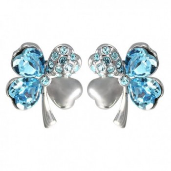 Four Leaf Clover Heart Shaped Swarovski Elements Crystal Rhodium Plated Stud Earrings - Blue - C61108EN1G5