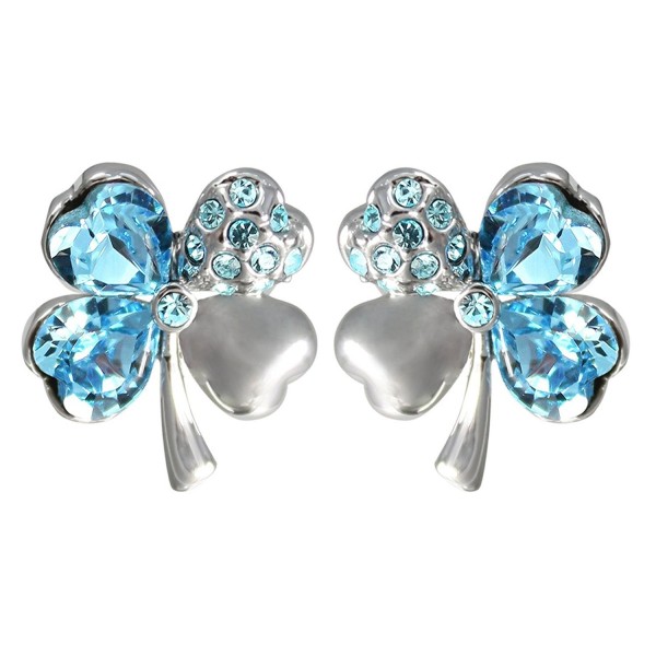 Four Leaf Clover Heart Shaped Swarovski Elements Crystal Rhodium Plated Stud Earrings - Blue - C61108EN1G5