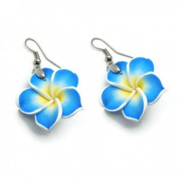 CHADADA Hawaiian Fimo Plumeria Flower Dangle Earrings Handmade- 25 mm - Blue - CA12MDI04NB