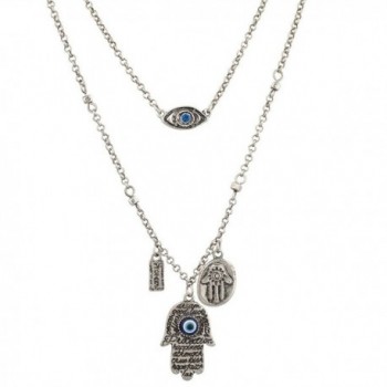 Lux Accessories Boho Burnish Silvertone Many Hamsa Evil Eye Charm Layered Necklace - CR12I3GUKYP