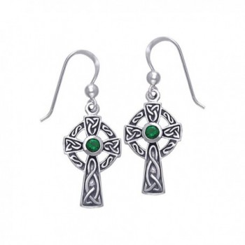 Jewelry Trends Sterling Silver Celtic Cross Dangle Earrings with Dark Green Glass - CY11VN8DVR9