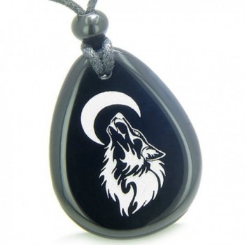 Amulet Brave and Protection Howling Wolf Moon Powers Black Agate Pendant Necklace - CP11BZQ3ZBB