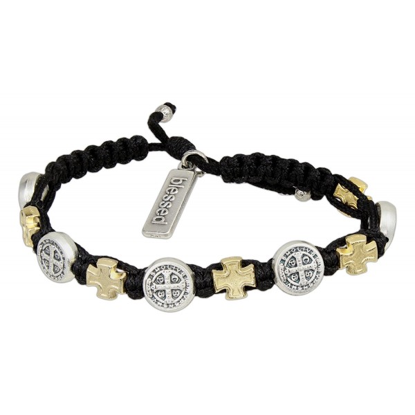 Blessings in Faith Gold Tone and Silver Tone Cross Bracelet - Gold and Silver Plated Medals on Black - CG124S02DT5