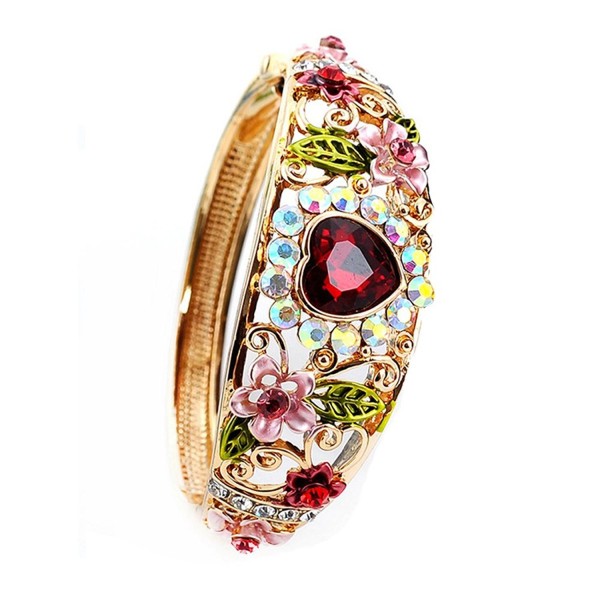 Women Heart Austrian Crystal Enamel Rose Flower Leaf Bangle Bracelet Gold Plated 5 colors - Red - CC1855EKK93