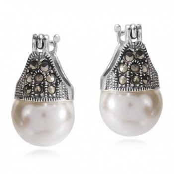 Vintage Flair Marcasite Style Pyrite and Faux Pearl .925 Silver 12mm Earrings - C911R5P9E5R