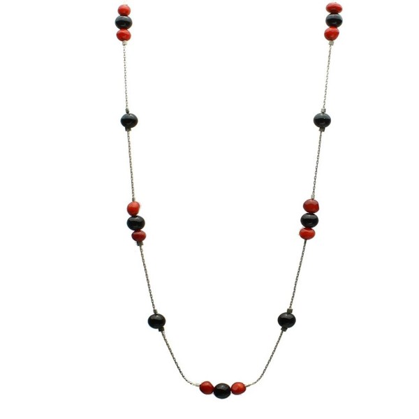 Black Onyx Stone Beads Red Bamboo Coral Sterling Silver Chain Necklace - CB119DRLVO7