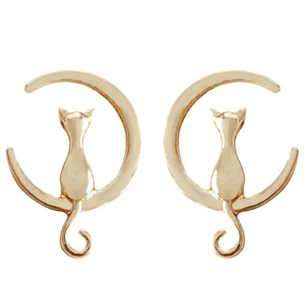 18K Gold Plated Moon shape and lovely cat Women Stud Earrings - CU1878LZU7N