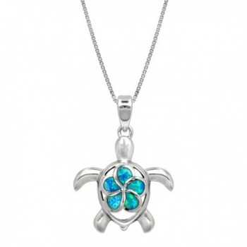 Sterling Silver Turtle Necklace Pendant with Simulated Blue Opal Flower 18" Box Chain - CK11C21LA69
