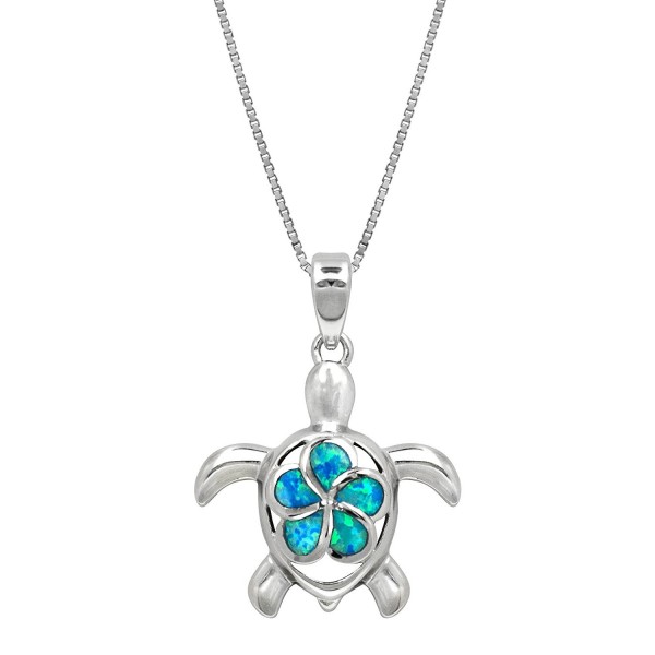 Sterling Silver Turtle Necklace Pendant with Simulated Blue Opal Flower 18" Box Chain - CK11C21LA69