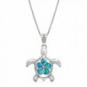 Sterling Silver Turtle Necklace Pendant with Simulated Blue Opal Flower 18" Box Chain - CK11C21LA69