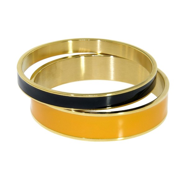 Women Gold Tone Stainless Steel Enamel Bangle Set - Orange & Black - CG12MXWK12P