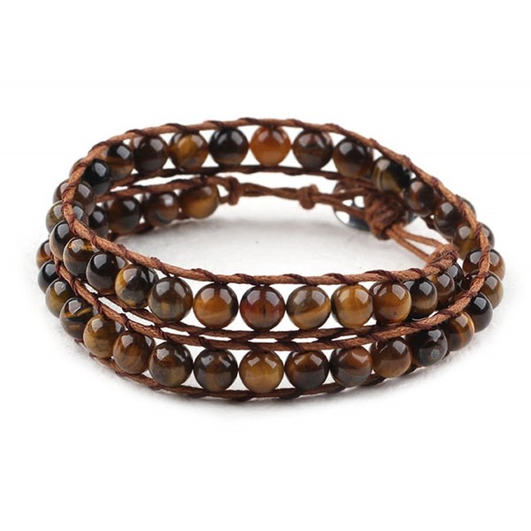 Tiger Eye Wrap Bracelet Brown Genuine Leather Hand-Knotted Multilayer 6mm Round Beads - CX12910NO1N