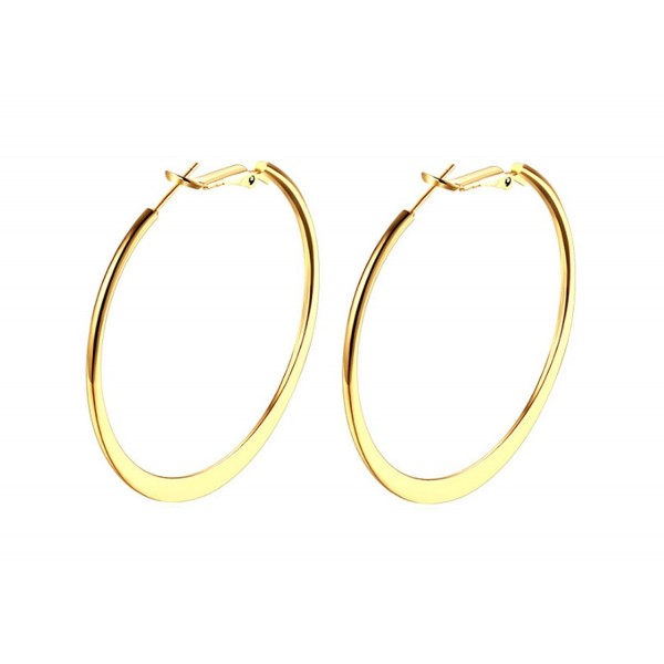 18K Gold Polished Flattened Big Hoop Earrings with Omega Backs- thick 2mm round 2" - CR1856CQ2LS