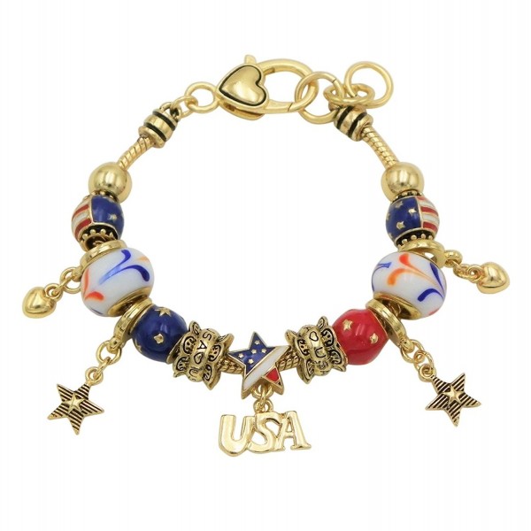 Rosemarie Collections Women's USA American Flag Glass Bead Charm Bracelet - Gold Tone - CB17YQ2IZH5