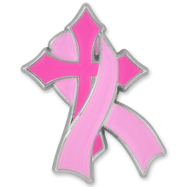 PinMart's Pink Breast Cancer Awareness Religious Cross with Ribbon Enamel Lapel Pin - CY12MZ7V5DS