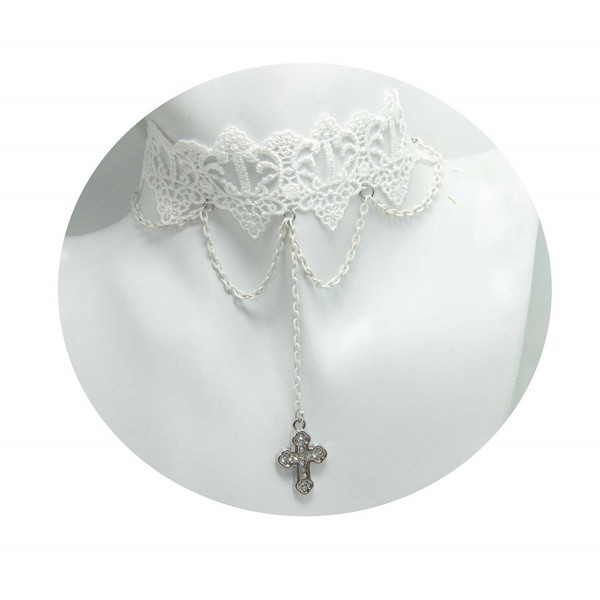 Handmade Loli White Lace Cross Chain Necklace Choker Charm - CQ11EXWYUV3